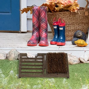 Dark Brown Cast Iron Outdoor Entryway Doormat Shoe Scraper & Dirt Cleaner Brush